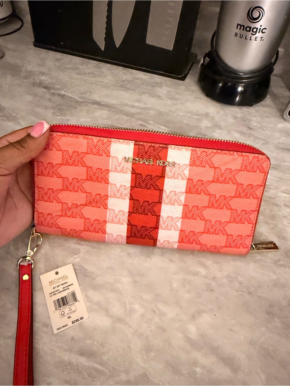 Michael Kors Coral and Red Signature Zip Wristlet